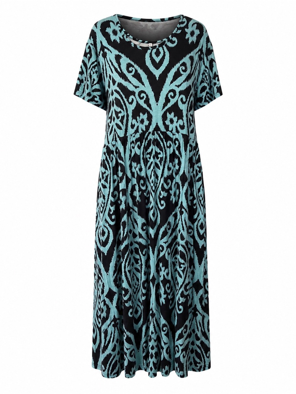Plus Size Women’s 4XL Black & Aqua Printed Short-Sleeve Maxi Dress with pockets